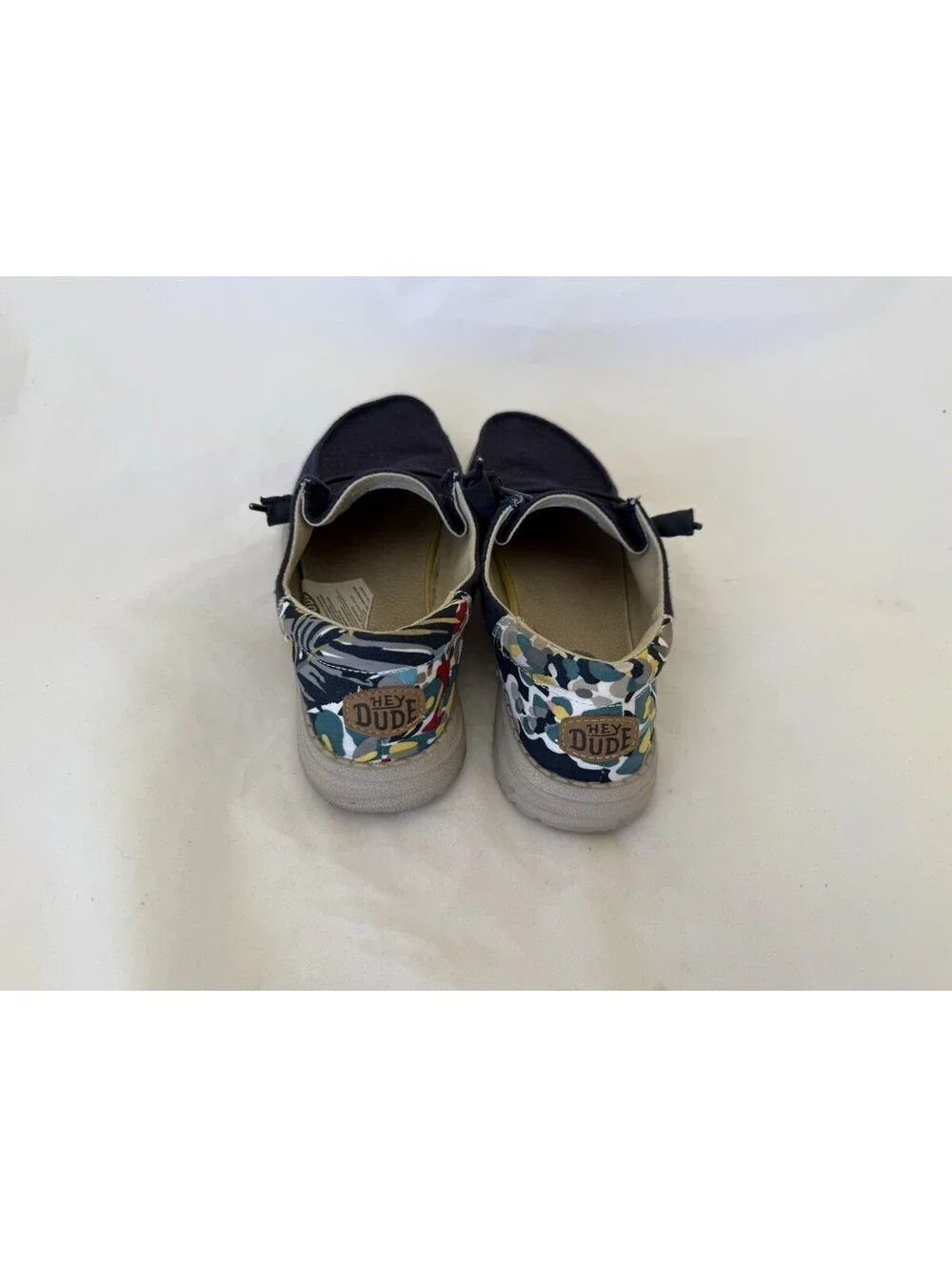 Hey Dude Wendy Funk Chambray Shoes Size 7 Blue Logo Heel Design Slip Ons